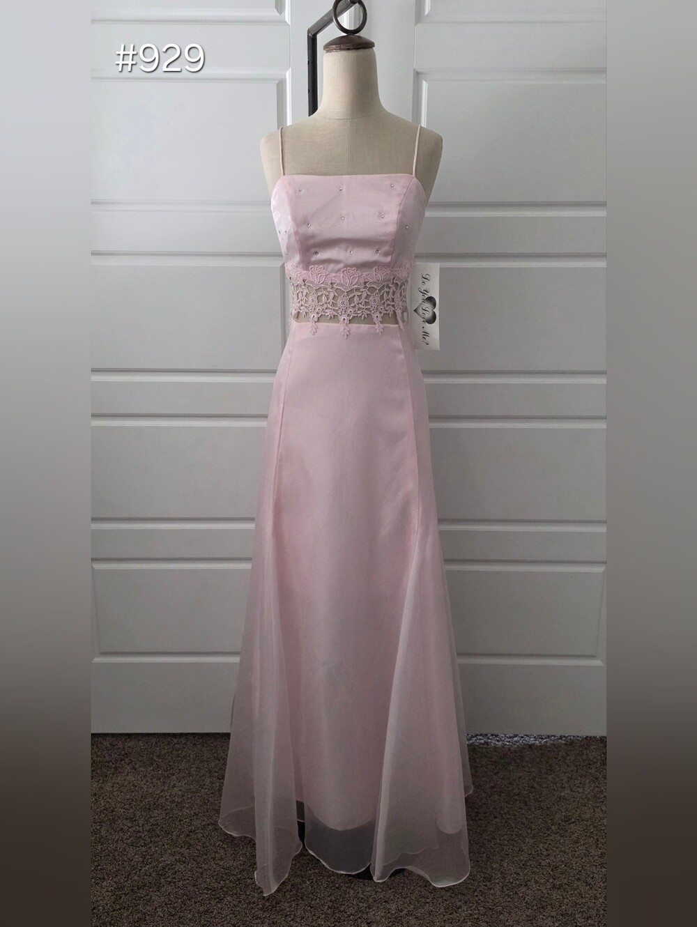 Blush Pink Spaghetti-Strap Prom Gown with Lace Waist